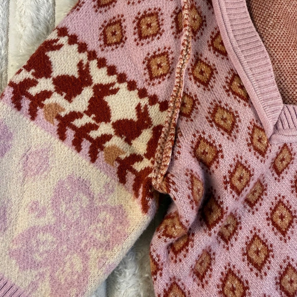 Free People Snow Bunnies Square Neck Bodysuit Pink Fair Isle Sweater XS - Picture 7 of 10